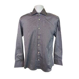 Bugatchi Uomo Dress Shirt 15 32/33 Navy White Stripe Button Up  Preppy Corpcore
